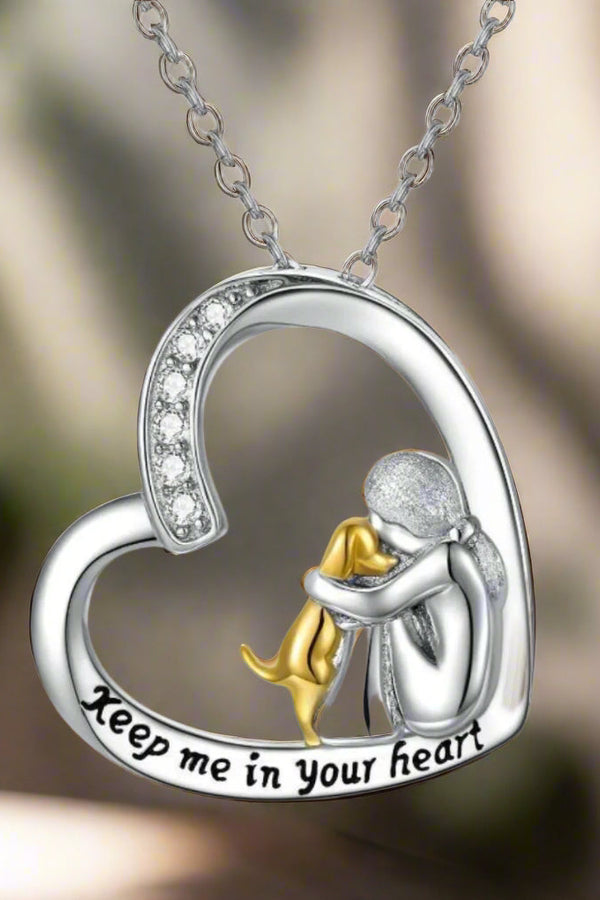 Heart and Dog Design Silver Necklace with Zirconia Accents