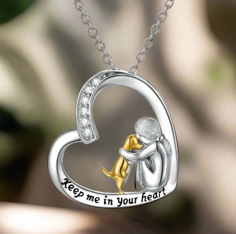 Heart and Dog Design Silver Necklace with Zirconia Accents
