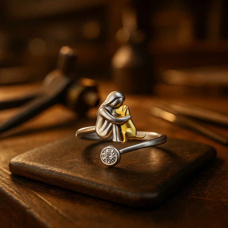 Handcrafted Adjustable Silver Dog Ring with Zirconia