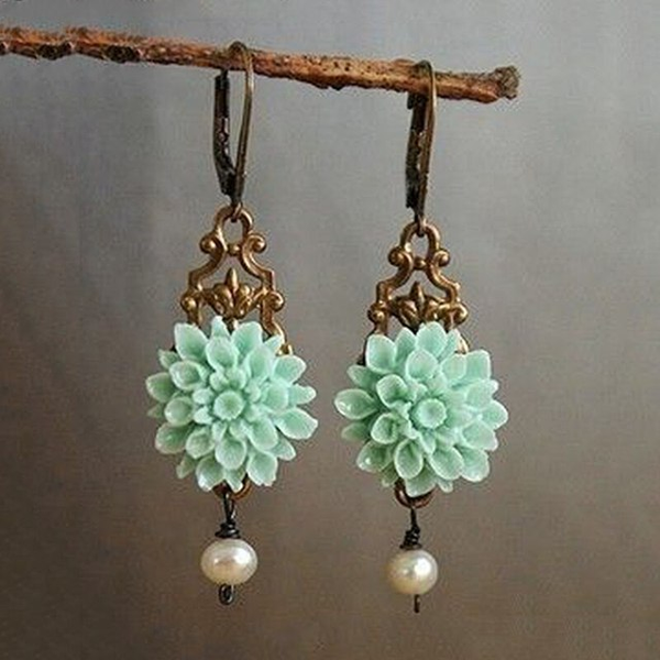 Bohemian Turquoise Flower and Pearl Earrings