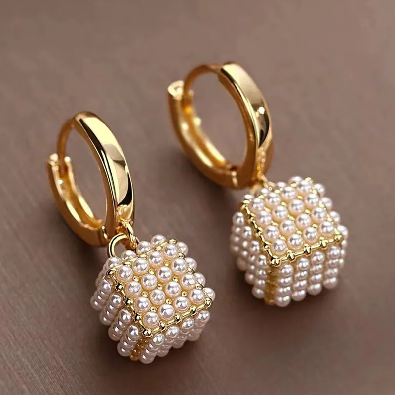 Chic Cubic Pearl Drop Earrings