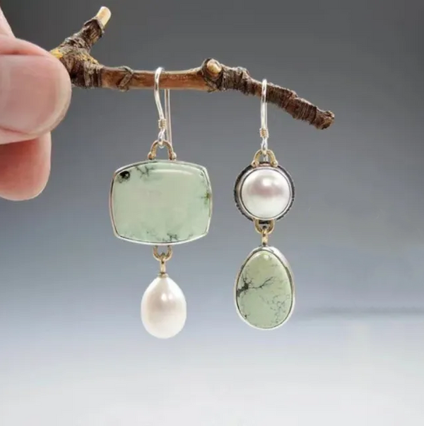 Retro Green Stone and Pearl Earrings