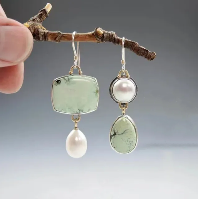 Retro Green Stone and Pearl Earrings