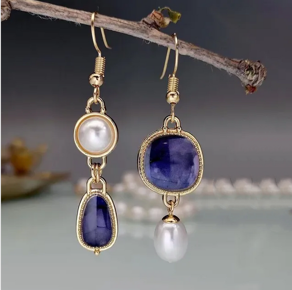 Retro Blue Stone and Pearl Earrings