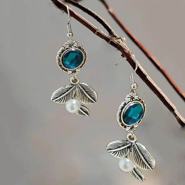 Retro Pearl and Blue Crystal Leaf Earrings