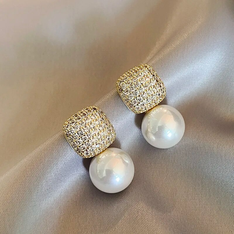 Chic Square Zirconia and Pearl Earrings
