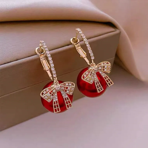 Chic Red Pearl Earrings with Elegant Bright Tie Design