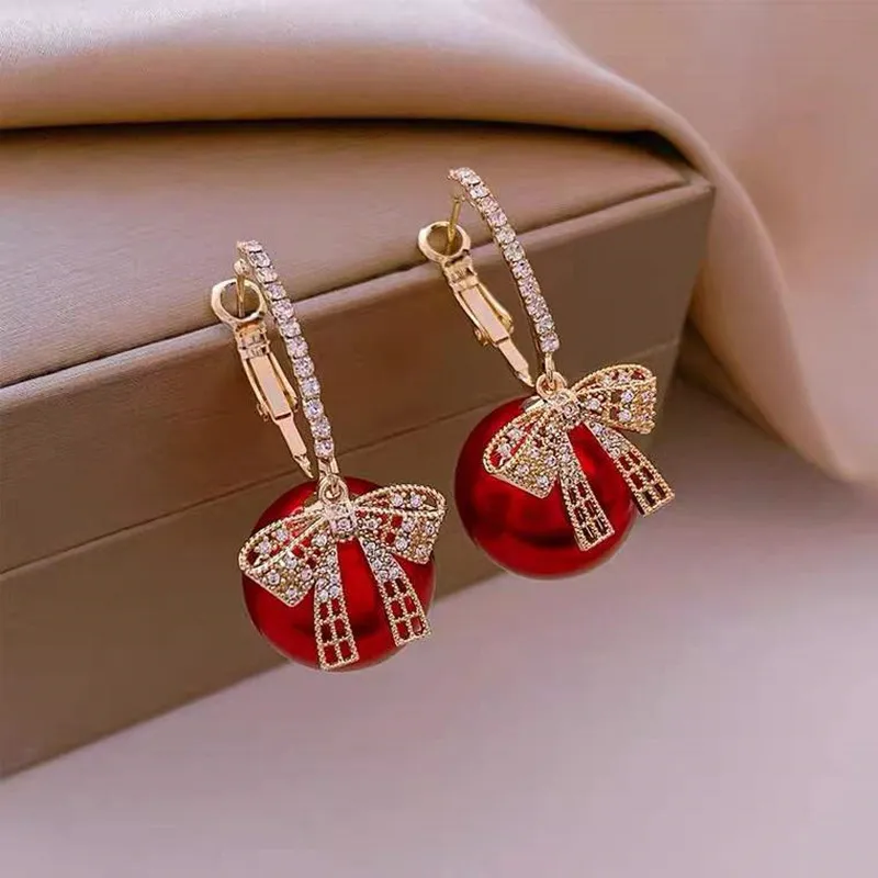 Chic Red Pearl Earrings with Elegant Bright Tie Design