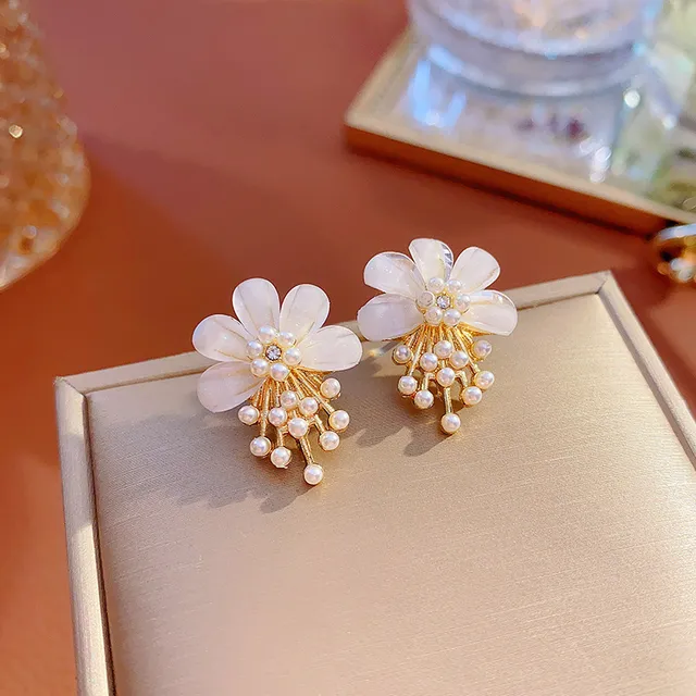 Chic White Blossom Pearl Drop Earrings