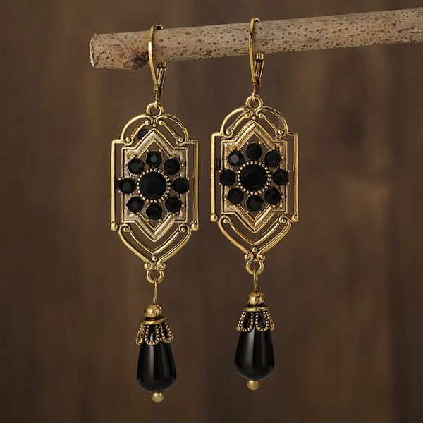 Retro Black Crystal Drop Earrings