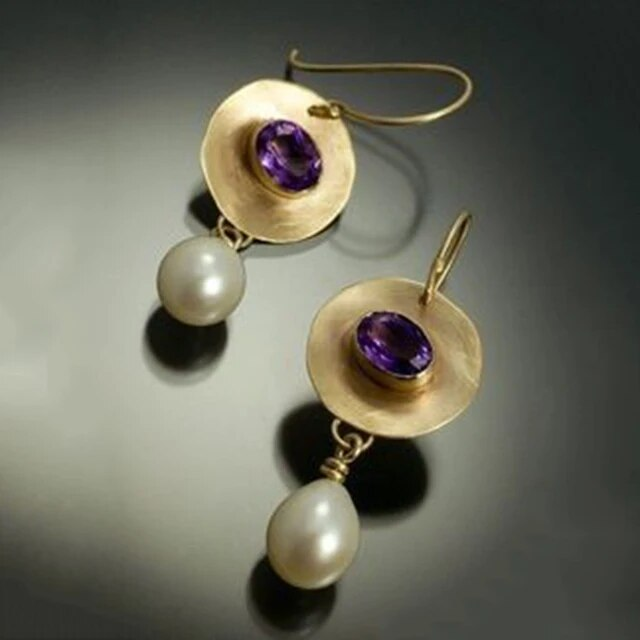 Retro Golden Purple Zirconia and Pearl Earrings