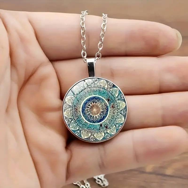 Retro Blue Mandala Pendant Necklace