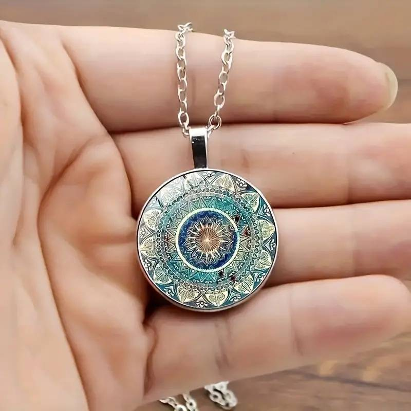 Retro Blue Mandala Pendant Necklace