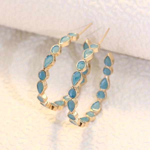 Retro Blue Gemstone Hoop Earrings
