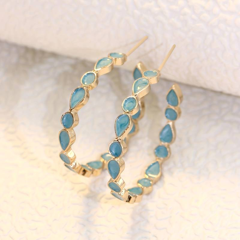 Retro Blue Gemstone Hoop Earrings