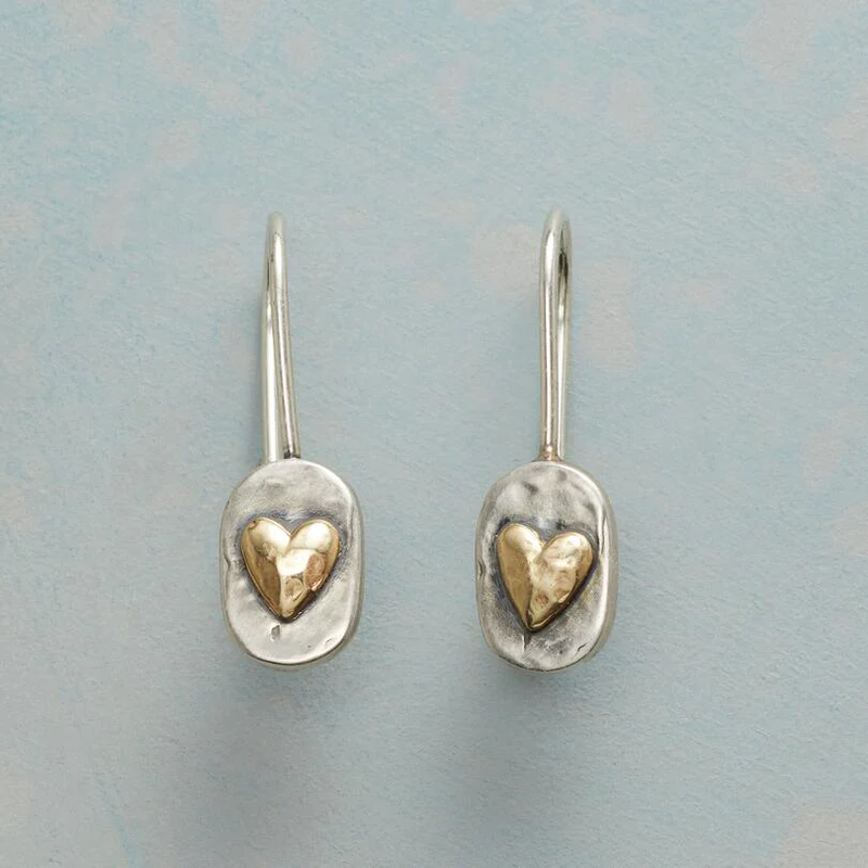 Classic Silver Earrings with Vintage Golden Heart Design