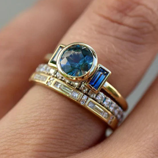 Classic Blue Zirconia Ring Set with Vintage Elegance