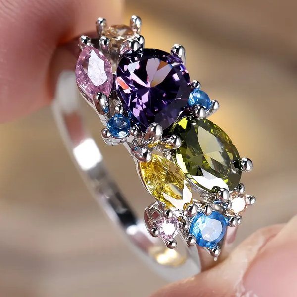 Alannah - Retro Silver Ring Adorned with Vibrant Crystals