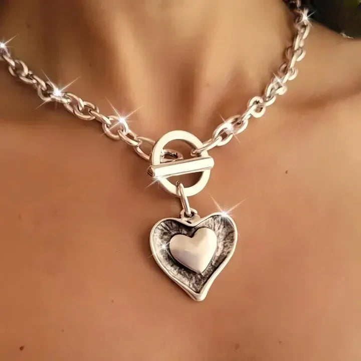 Silver Double Heart Chain Necklace