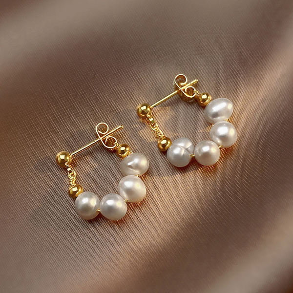Gold Triple Pearl Earrings