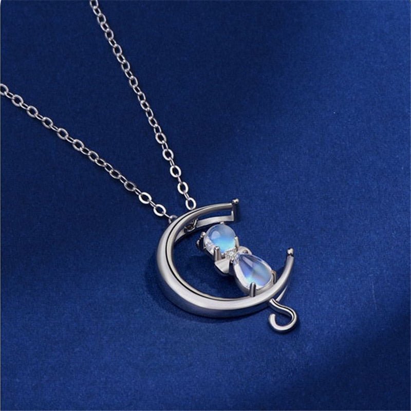 Crescent Moon and Cat Pendant Necklace with Moonstone