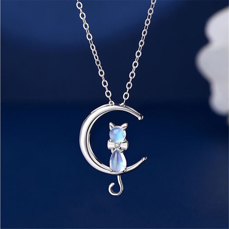 Crescent Moon and Cat Pendant Necklace with Moonstone