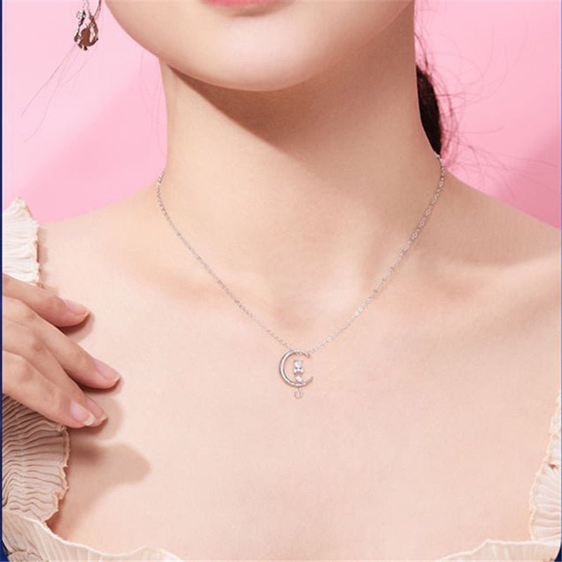 Crescent Moon and Cat Pendant Necklace with Moonstone
