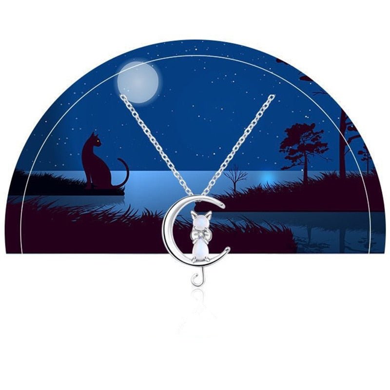 Crescent Moon and Cat Pendant Necklace with Moonstone