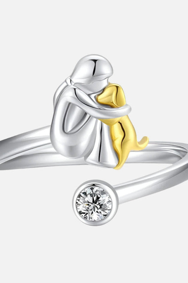 Handcrafted Adjustable Silver Dog Ring with Zirconia