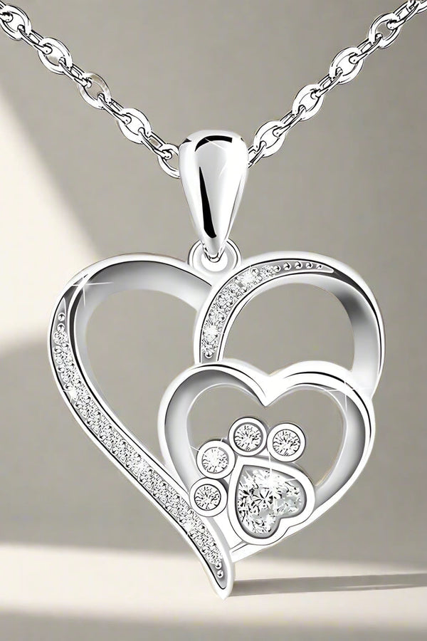 Zirconia-Embellished Sterling Silver Paw and Heart Necklace