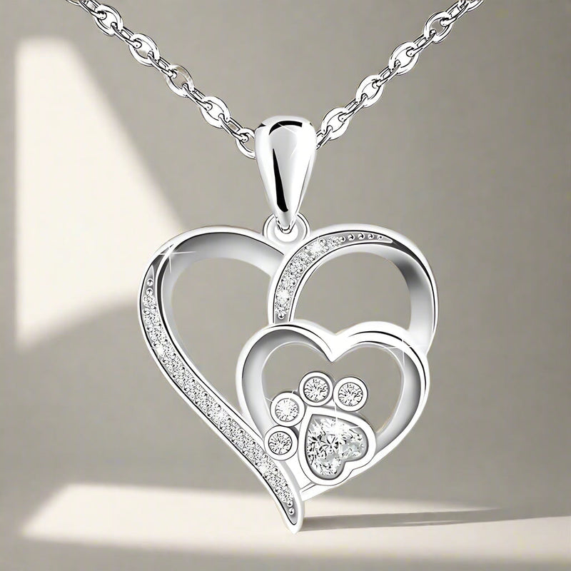 Zirconia-Embellished Sterling Silver Paw and Heart Necklace