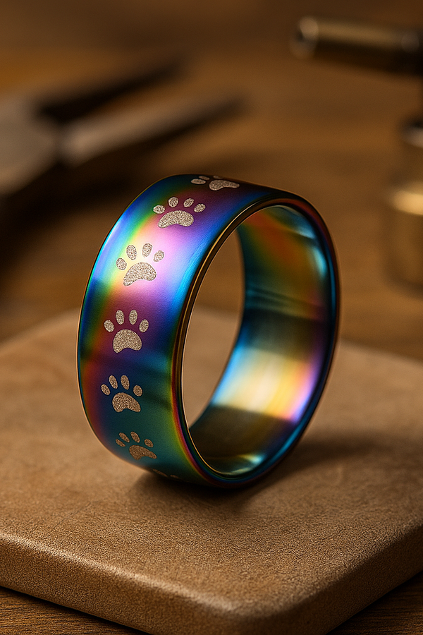 Artisan Rainbow Stainless Steel Paw Print Ring