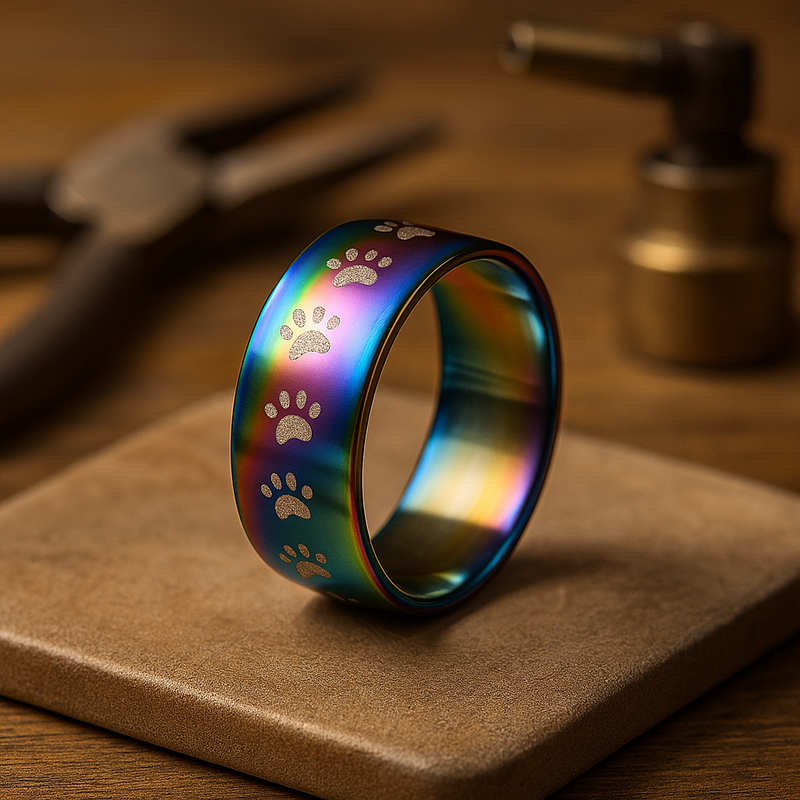 Artisan Rainbow Stainless Steel Paw Print Ring