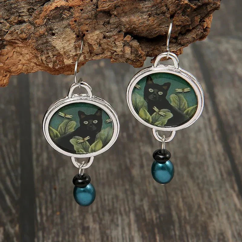 Retro Tropical Black Cat Drop Earrings