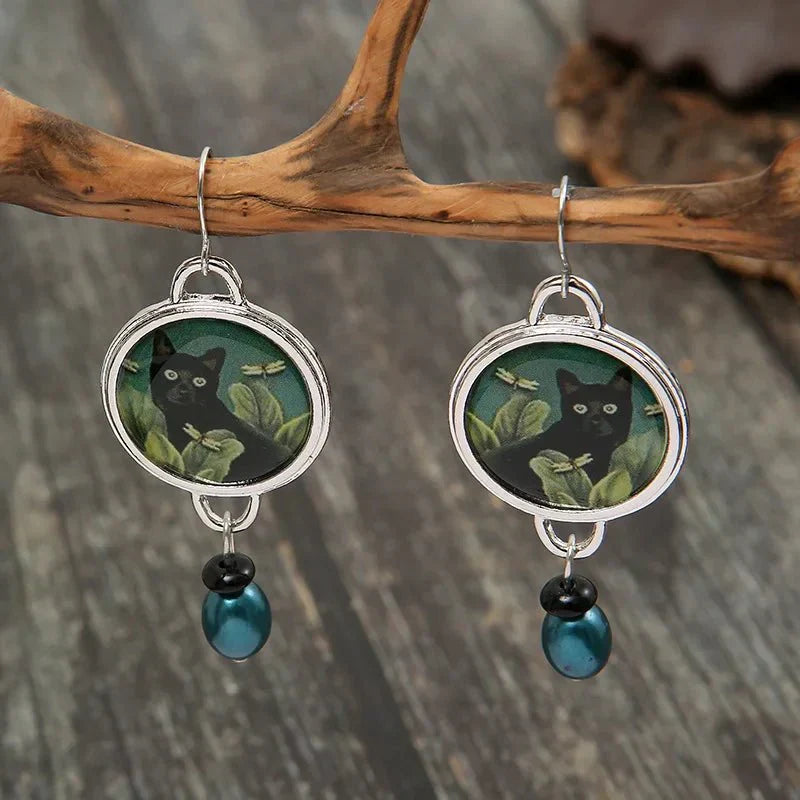 Retro Tropical Black Cat Drop Earrings