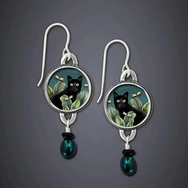 Retro Tropical Black Cat Drop Earrings