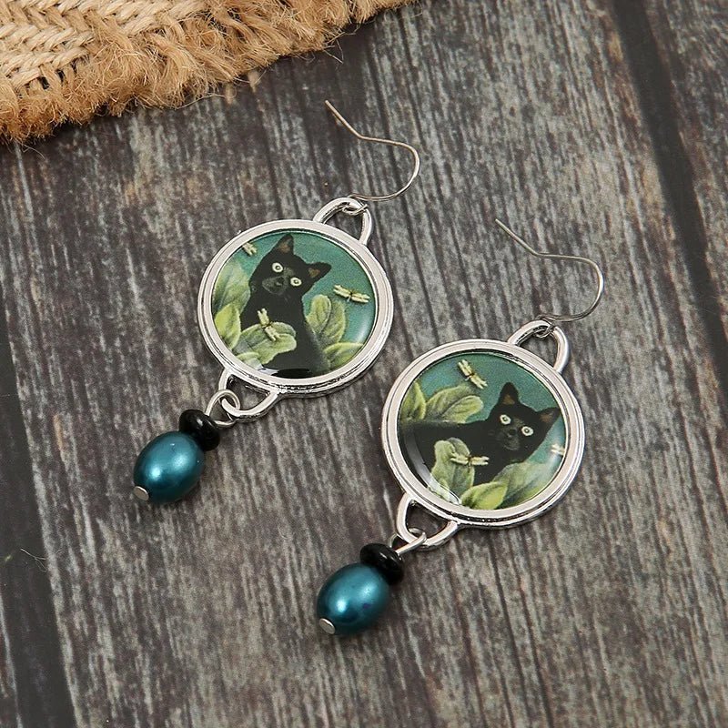 Retro Tropical Black Cat Drop Earrings
