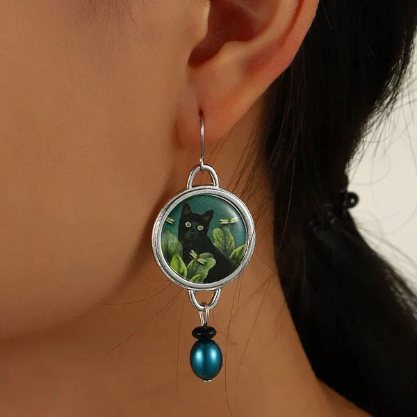 Retro Tropical Black Cat Drop Earrings