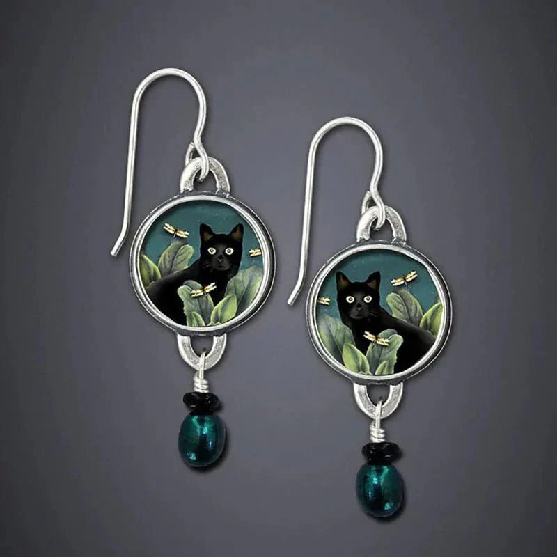 Retro Tropical Black Cat Drop Earrings