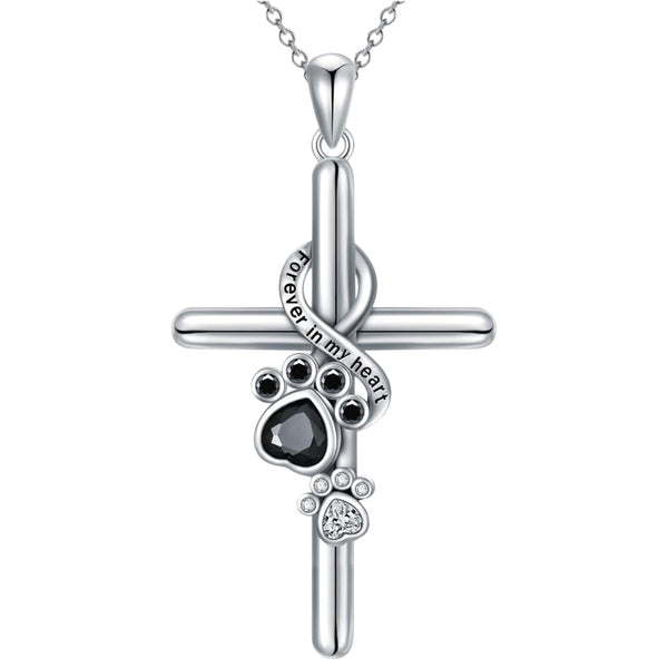 Silver Paw Print and Cross Pendant Necklace