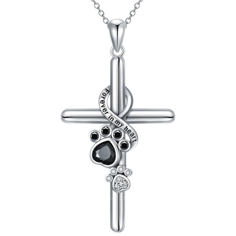 Silver Paw Print and Cross Pendant Necklace
