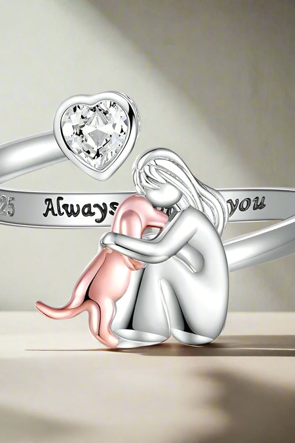Silver Adjustable Dog Ring – 'Always in My Heart' with Zirconia Accents