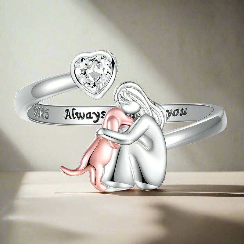 Silver Adjustable Dog Ring – 'Always in My Heart' with Zirconia Accents